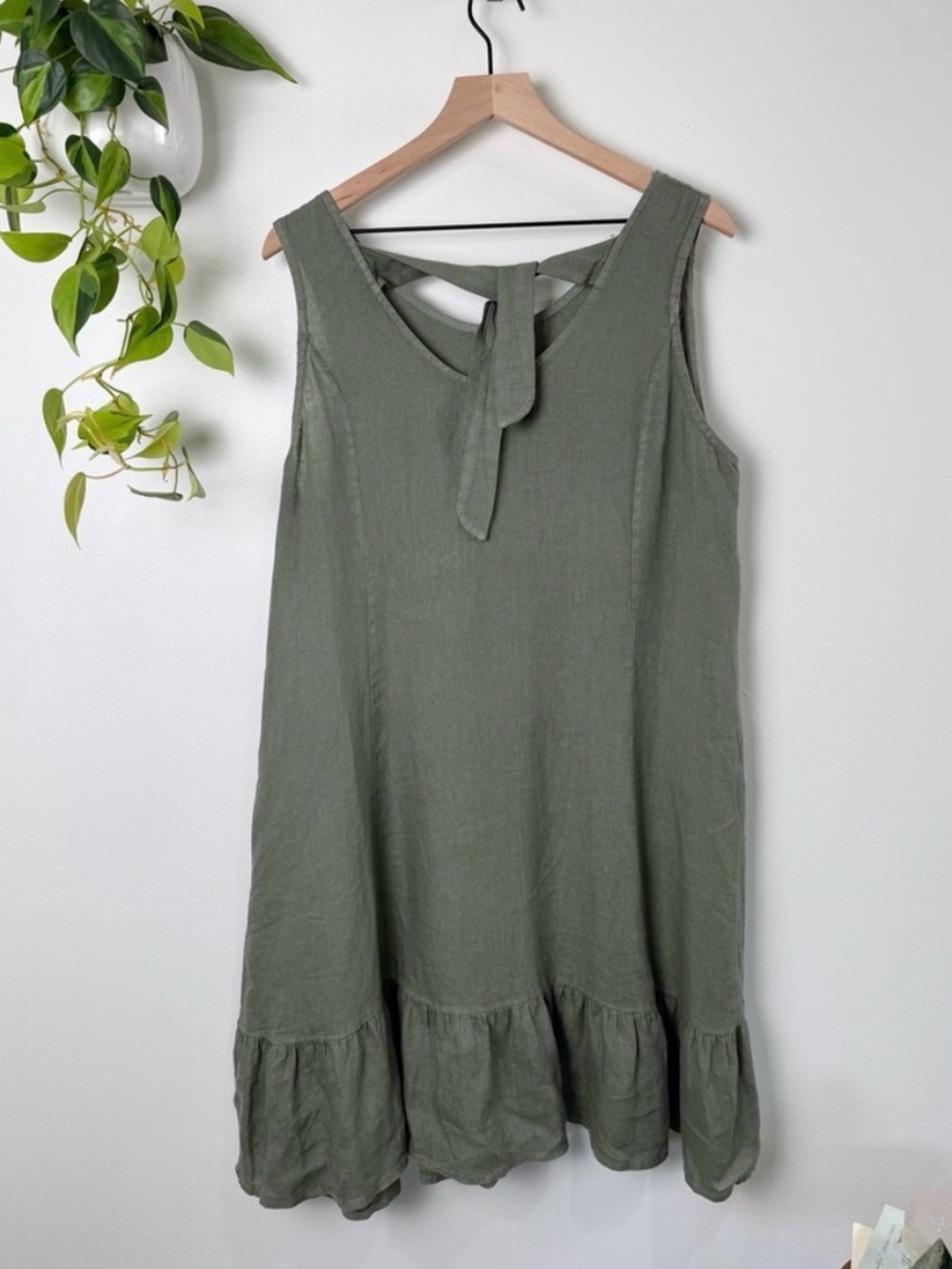 Linen Sleeveless Ruffle-Hem Dress in Olive Green - Picture 2 of 8